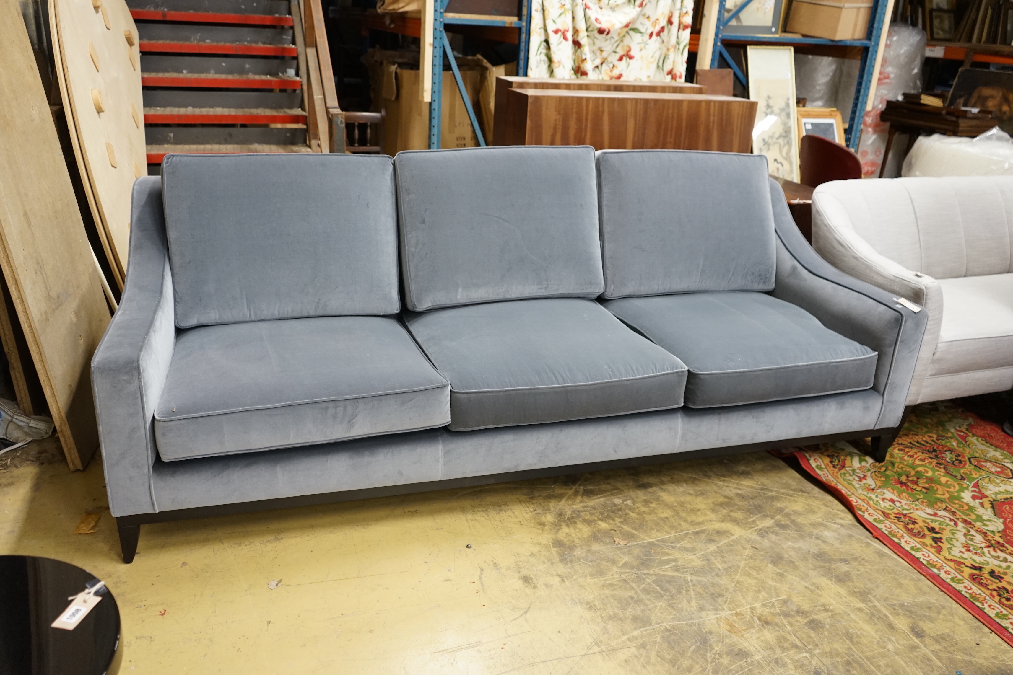 A Spencer three seater sofa by The Sofa and Chair Company, upholstered in Turnell and Gigon Gainsborough grey velvet, width 250cm, depth 100cm, height 90cm
